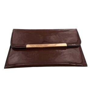 Vintage 70's Brown Patent Clutch‎ Bag Gold Bar Accent Evening Purse